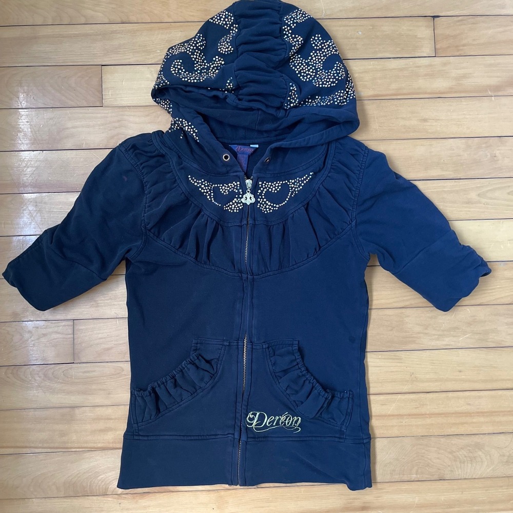 House of Dereon Navy Blue Rhinestone Ruffle Zip Up Hoodie XS Beyonce Y2K